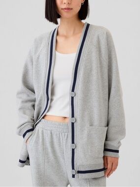 GAP Heather Gray Button-Front Women's Varsity Cardigan with Navy Trim XS